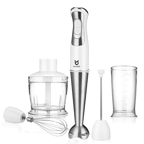 Immersion Hand Blender, UTALENT 5-in-1 8-Speed Stick Blender with 500ml Food Grinder, BPA-Free, 600ml Container,Milk Frother,Egg Whisk ,Puree Infant Food, Smoothies, Sauces and Soups - White