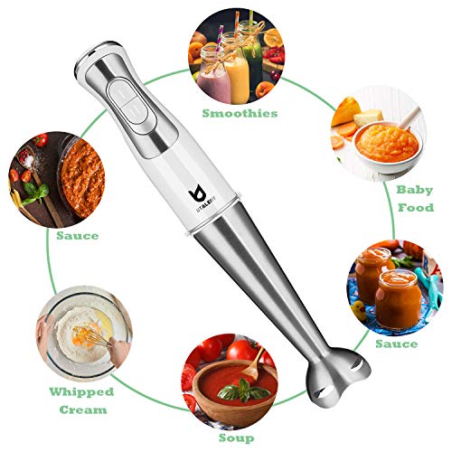 Immersion Hand Blender, UTALENT 5-in-1 8-Speed Stick Blender with 500ml Food Grinder, BPA-Free, 600ml Container,Milk Frother,Egg Whisk ,Puree Infant Food, Smoothies, Sauces and Soups - White