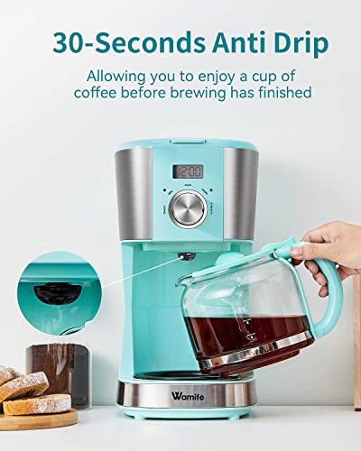 Wamife Coffee Maker - 12 Cup Programmable Drip Coffee Machine Coffee Brewer Timer Machine with Thermal Carafe Retro Coffee Makers for Home & Office (Blue Coffee Machine)