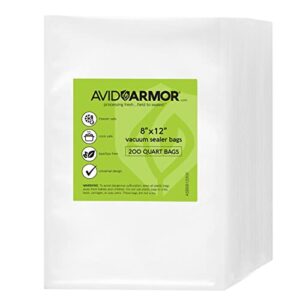 Avid Armor - Vacuum Sealer Bags, Vac Seal Bags for Food Storage, Meal Saver Freezer Vacuum Sealer Bags, Quart Size Sous Vide Bags Vacuum Sealer, Non-BPA, 8 x 12 inches, Pack of 200