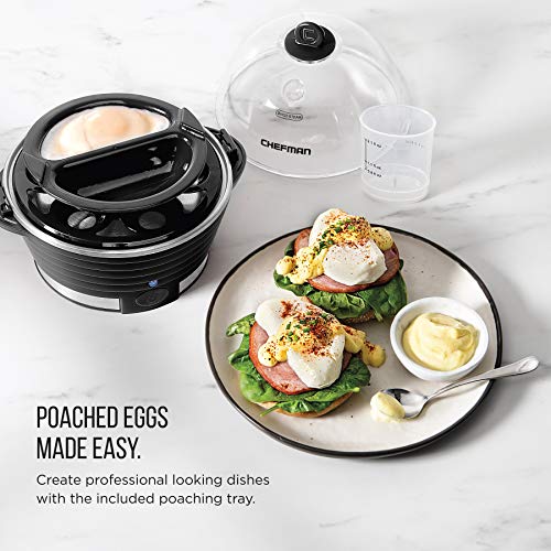 Chefman Egg-Maker Rapid Poacher, Food & Vegetable Steamer, Quickly Makes Up to 6, Hard, Medium or Soft Boiled, Poaching/Omelet Tray Included, Ready Signal, BPA-Free, BLACK