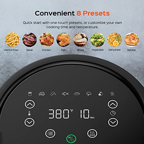 Dreo Air Fryer - 100℉ to 450℉, 4 Quart Hot Oven Cooker with 50 Recipes, 9 Cooking Functions on Easy Touch Screen, Preheat, Shake Reminder, 9-in-1 Digital Airfryer, Black, 4L (DR-KAF002)