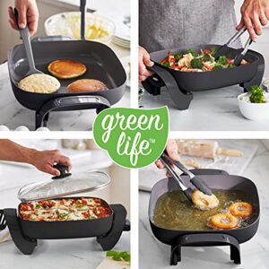 GreenLife Healthy Ceramic Nonstick, 12" 5QT Square Electric Skillet with Glass Lid, Dishwasher Safe, Adjustable Temperature Control, PFAS-Free, Black