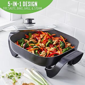 GreenLife Healthy Ceramic Nonstick, 12" 5QT Square Electric Skillet with Glass Lid, Dishwasher Safe, Adjustable Temperature Control, PFAS-Free, Black