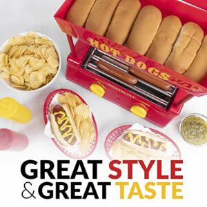 Nostalgia Countertop Hot Dog Roller and Warmer, 8 Regular Sized Hot Dogs, 4 Foot Long Hot Dogs and 6 Bun Capacity, Stainless Steel Rollers, Perfect For Breakfast Sausages, Brats, Taquitos, Egg Rolls