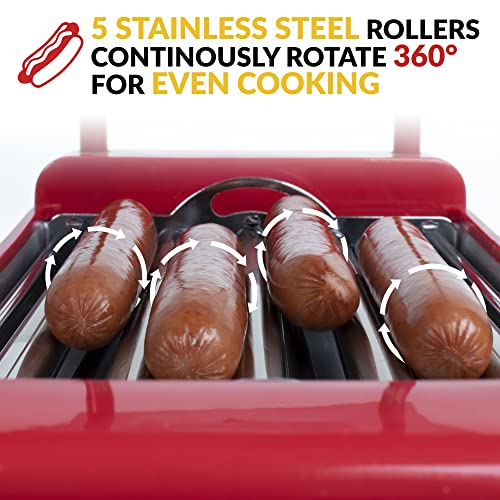 Nostalgia Countertop Hot Dog Roller and Warmer, 8 Regular Sized Hot Dogs, 4 Foot Long Hot Dogs and 6 Bun Capacity, Stainless Steel Rollers, Perfect For Breakfast Sausages, Brats, Taquitos, Egg Rolls