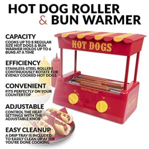 Nostalgia Countertop Hot Dog Roller and Warmer, 8 Regular Sized Hot Dogs, 4 Foot Long Hot Dogs and 6 Bun Capacity, Stainless Steel Rollers, Perfect For Breakfast Sausages, Brats, Taquitos, Egg Rolls