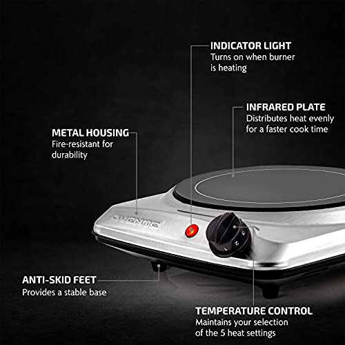 Ovente Electric Single Infrared Burner 7 Inch Ceramic Glass Hot Plate Cooktop with 5 Level Temperature Control & Easy to Clean Stainless Steel Base, Compact Stove for Home Dorm Office, Silver BGI101S