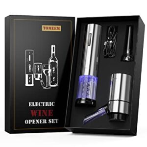 Electric Wine Opener Set, Tomeem Wine Gift Set with Rechargeable Wine Opener, Electric Wine Aerator, Vacuum Stoppers and Foil Cutter, 4-in-1 Electric Wine Bottle Opener for Home Party Bar Outdoor