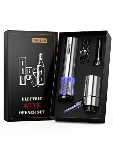 Electric Wine Opener Set, Tomeem Wine Gift Set with Rechargeable Wine Opener, Electric Wine Aerator, Vacuum Stoppers and Foil Cutter, 4-in-1 Electric Wine Bottle Opener for Home Party Bar Outdoor