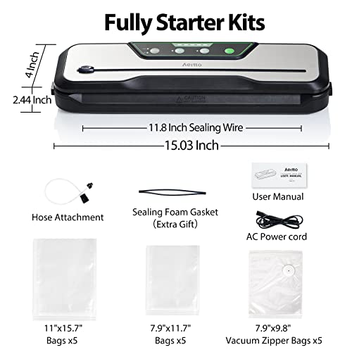 80kPa Vacuum-Sealer-Machine with Starter Kits, Aeitto 8-In-1 Food Vacuum Sealer, with 15 Bags, Pulse Function, Moist&Dry Mode and External VAC for Jars and Containers | Build-in Cutter | LED Indicator | Easy to Clean | Sous Vide