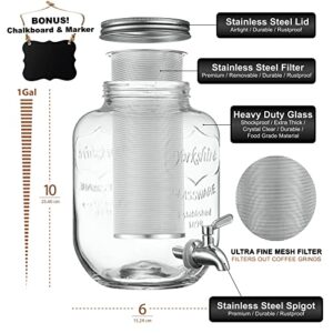 1 Gallon Cold Brew Coffee Maker, with 3rd Generation Mesh Filter & Stainless Steel Spigot, Extra Thick Large Glass Mason Jar Drink Dispenser Carafe, Iced Coffee Maker & Sun Tea Pitcher with Infuser.