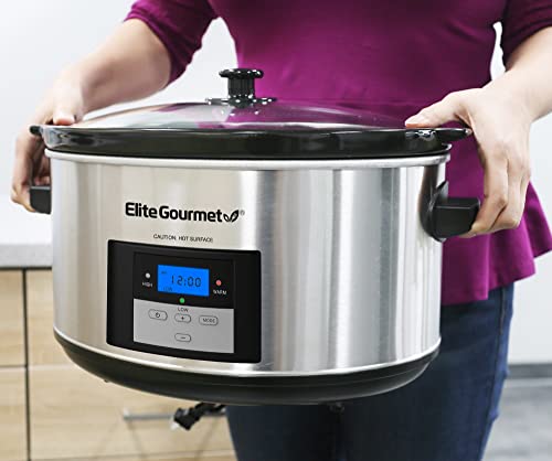 Elite Gourmet MST-900D Digital Programmable Slow Cooker, Oval Adjustable Temp, Entrees, Sauces, Stews & Dips, Dishwasher Safe Glass Lid & Crock (8.5 Quart, Stainless Steel)