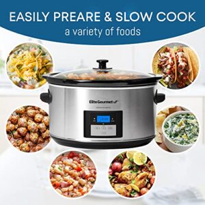 Elite Gourmet MST-900D Digital Programmable Slow Cooker, Oval Adjustable Temp, Entrees, Sauces, Stews & Dips, Dishwasher Safe Glass Lid & Crock (8.5 Quart, Stainless Steel)