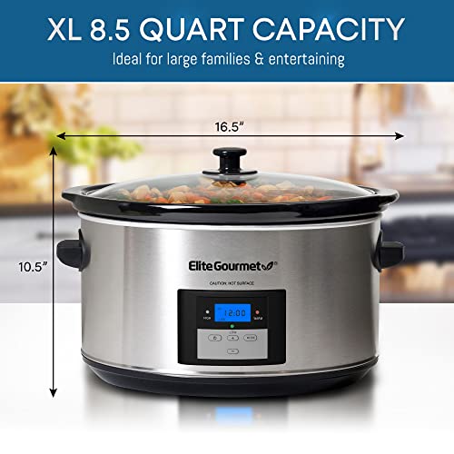 Elite Gourmet MST-900D Digital Programmable Slow Cooker, Oval Adjustable Temp, Entrees, Sauces, Stews & Dips, Dishwasher Safe Glass Lid & Crock (8.5 Quart, Stainless Steel)