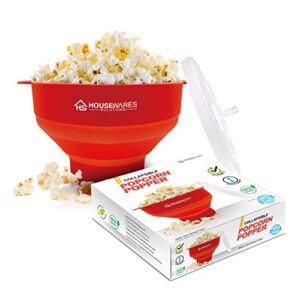 collapsible silicone microwave hot air popcorn popper bowl with lid and handles – red