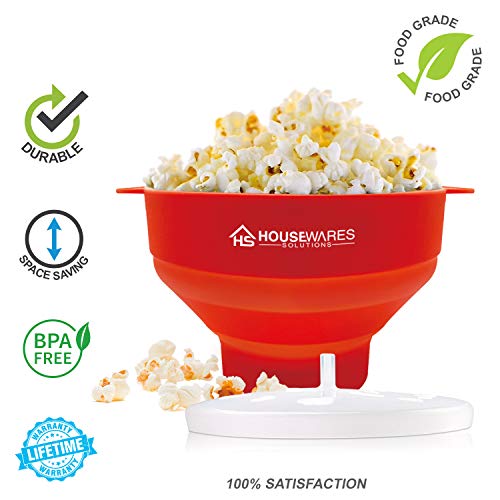 Collapsible Silicone Microwave Hot Air Popcorn Popper Bowl With Lid and Handles - Red