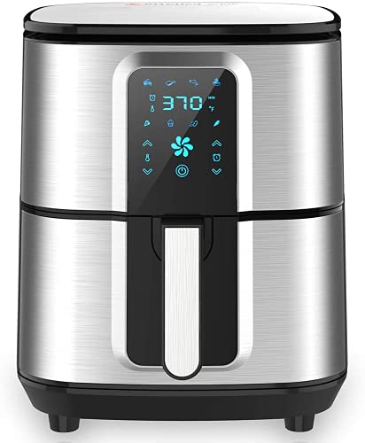 Kitcher 6.8Qt Air Fryer, Hot Air Fryer with 8 Cooking Functions Temperature Timer Control Led Touch Screen 50 Recipes, Stainless Steel Silver