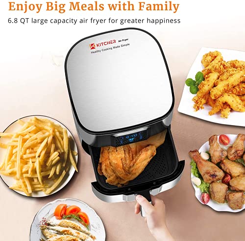 Kitcher 6.8Qt Air Fryer, Hot Air Fryer with 8 Cooking Functions Temperature Timer Control Led Touch Screen 50 Recipes, Stainless Steel Silver