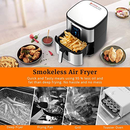 Kitcher 6.8Qt Air Fryer, Hot Air Fryer with 8 Cooking Functions Temperature Timer Control Led Touch Screen 50 Recipes, Stainless Steel Silver