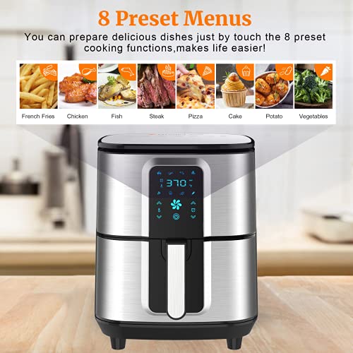 Kitcher 6.8Qt Air Fryer, Hot Air Fryer with 8 Cooking Functions Temperature Timer Control Led Touch Screen 50 Recipes, Stainless Steel Silver