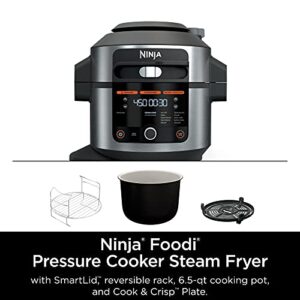 Ninja OL501 Foodi 6.5 Qt. 14-in-1 Pressure Cooker Steam Fryer with SmartLid, that Air Fries, Proofs & More, with 2-Layer Capacity, 4.6 Qt. Crisp Plate & 25 Recipes, Silver/Black