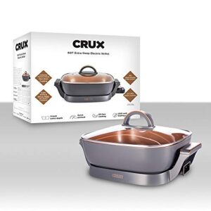 Crux Extra Deep Nonstick Scratch Resistant Electric Skillet with Removeable Temperature Probe, 12" x 12", silver (14620)