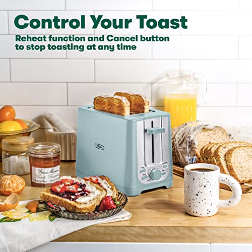 BELLA 2 Slice Toaster with Auto Shut Off - Extra Wide Slots & Removable Crumb Tray and Cancel, Defrost & Reheat Function - Toast Bread, Bagel & Waffle, Aqua