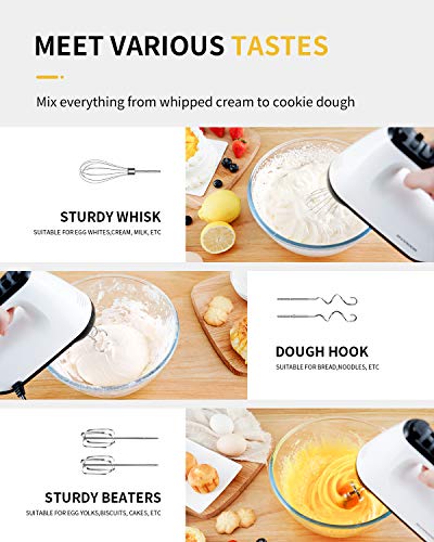 SHARDOR Hand Mixer Electric, 6 Speed & Turbo Handheld Mixer with 5 Stainless Steel Accessories, Electic Mixer for Whipping, Mixing Cookies, Brownie, Cakes, Dough Batters, Snap-On Storage Case, White