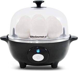 elite gourmet egc-007b rapid egg cooker, 7 easy-to-peel, hard, medium, soft boiled eggs, poacher, omelet maker, auto shut-off, alarm, 16-recipe booklet, black