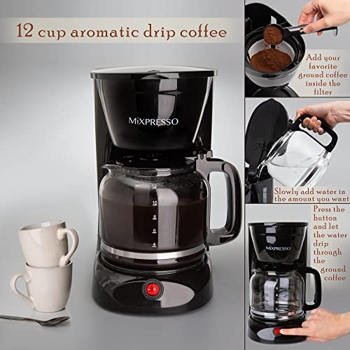 Mixpresso 12-Cup Drip Coffee Maker With LCD Touch Display, Programmable Coffee Pot Machine, Borosilicate Glass Carafe, Anti-Drip System, Stainless Steel & Black Electric Coffee Maker (12 Cup)