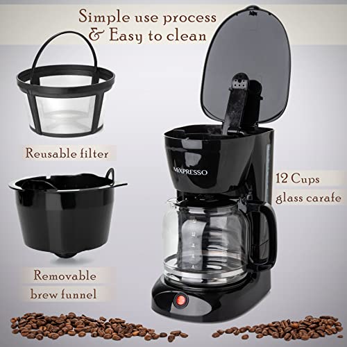 Mixpresso 12-Cup Drip Coffee Maker With LCD Touch Display, Programmable Coffee Pot Machine, Borosilicate Glass Carafe, Anti-Drip System, Stainless Steel & Black Electric Coffee Maker (12 Cup)