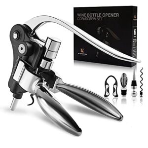 wine opener, kitessensu easy lever wine corkscrew with no-stick worm, 6-piece wine bottle opener set with foil cutter, bottle stopper, pourer, extra cork screw and base, silver