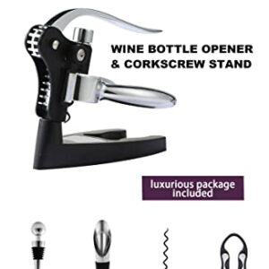 Wine Opener, KITESSENSU Easy Lever Wine Corkscrew with No-Stick Worm, 6-Piece Wine Bottle Opener Set with Foil Cutter, Bottle Stopper, Pourer, Extra Cork Screw and Base, Silver