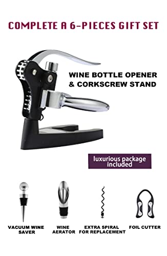 Wine Opener, KITESSENSU Easy Lever Wine Corkscrew with No-Stick Worm, 6-Piece Wine Bottle Opener Set with Foil Cutter, Bottle Stopper, Pourer, Extra Cork Screw and Base, Silver