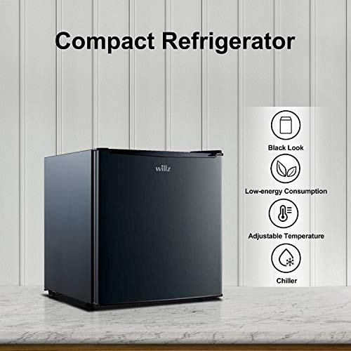 Willz WLR17BK Compact Refrigerator, 1.7 Cu.Ft Single Door Fridge, Adjustable Mechanical Thermostat with Chiller, 1 Coated Wire Slide-Out Shelf, 1 Power Cord, Black