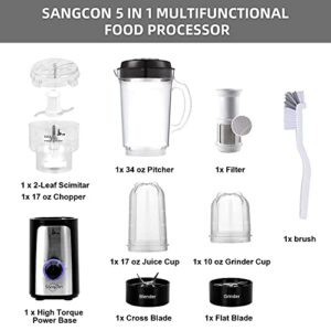 Sangcon 5 in 1 Blender and Food Processor Combo for Kitchen, Small Electric Food Chopper for Meat and Vegetable, 350W High Speed Blenders with 2 Speeds and Pulse for Smoothies and Shakes