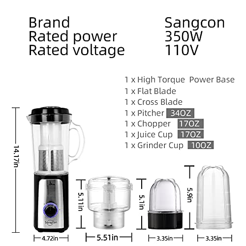 Sangcon 5 in 1 Blender and Food Processor Combo for Kitchen, Small Electric Food Chopper for Meat and Vegetable, 350W High Speed Blenders with 2 Speeds and Pulse for Smoothies and Shakes