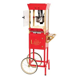 nostalgia popcorn maker professional cart – 8 oz kettle makes up to 32 cups -vintage movie theater popcorn machine with interior light – measuring spoons and scoop – home theater accessories – red