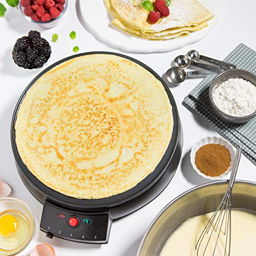 12" Griddle & Crepe Maker, Non-Stick Electric Crepe Pan w Batter Spreader & Recipe Guide- Dual Use for Blintzes Eggs Pancakes, Portable, Adjustable Temperature Settings- Easter Morning Breakfast, Gift