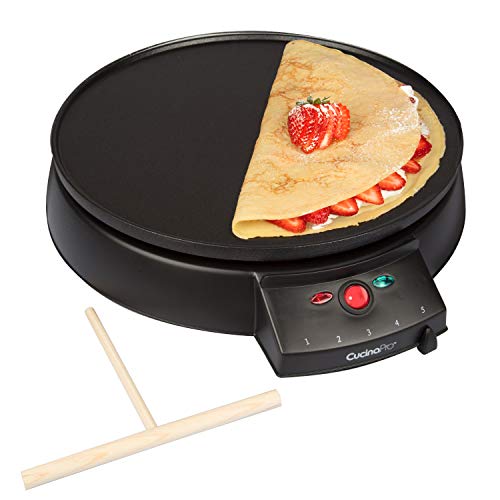 12" Griddle & Crepe Maker, Non-Stick Electric Crepe Pan w Batter Spreader & Recipe Guide- Dual Use for Blintzes Eggs Pancakes, Portable, Adjustable Temperature Settings- Easter Morning Breakfast, Gift