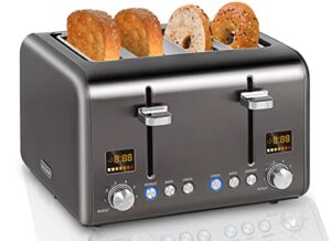 seedeem toaster 4 slice, stainless steel bread toaster with colorful lcd display, 7 bread shade settings, 1.4” wide slots toaster with bagel/defrost/reheat functions, removable crumb tray, dark metallic, 1800w