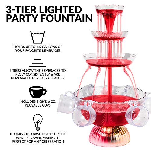 Nostalgia 3-Tier Party Fountain, Holds 1.5 Gallons, LED Lighted Base, Includes 8 Reusable Cups, 1.5 Gallon, Clear