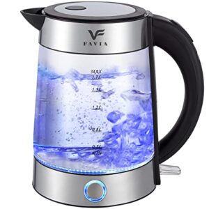 favia electric kettle water boiler for boiling hot water 1.7l with wide opening auto shut-off & boil-dry protection tea kettle glass pot cordless led indicator 1500w bpa free