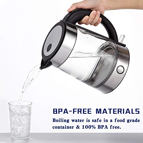 FAVIA Electric Kettle Water Boiler for Boiling Hot Water 1.7L with Wide Opening Auto Shut-Off & Boil-Dry Protection Tea Kettle Glass Pot Cordless LED Indicator 1500W BPA Free