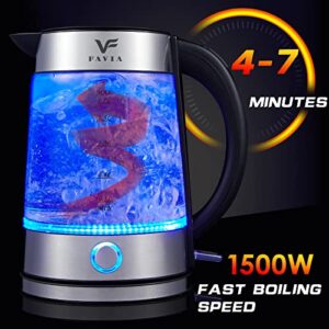 FAVIA Electric Kettle Water Boiler for Boiling Hot Water 1.7L with Wide Opening Auto Shut-Off & Boil-Dry Protection Tea Kettle Glass Pot Cordless LED Indicator 1500W BPA Free