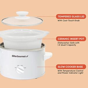 Elite Gourmet MST-250XW# Electric Slow Cooker Ceramic Pot, with Adjustable Temp, Entrees, Sauces, Soups, Roasts, Stews & Dips, Dishwasher Safe (1.5 Quart, White)