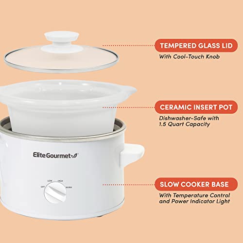 Elite Gourmet MST-250XW# Electric Slow Cooker Ceramic Pot, with Adjustable Temp, Entrees, Sauces, Soups, Roasts, Stews & Dips, Dishwasher Safe (1.5 Quart, White)