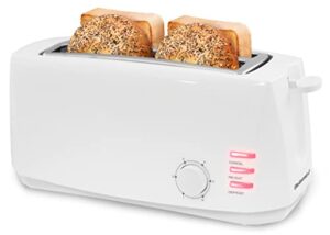 elite gourmet ect-4829 long slot 4 slice toaster, 6 toast settings toaster defrost, reheat, cancel functions, slide out crumb tray, extra wide slots for bagels waffles, white