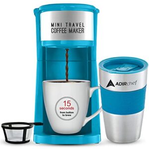 adirchef mini coffee maker – single serve coffee maker, 15 oz. travel coffee mug coffee tumbler & reusable coffee filters – ideal for home, office, outdoor & more – blue